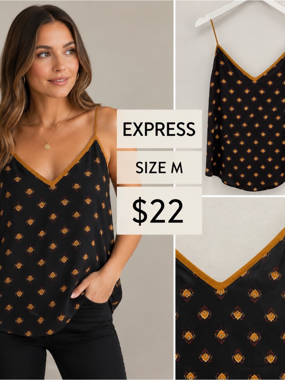 Express Black Satin V-Neck Cami with Gold Accent